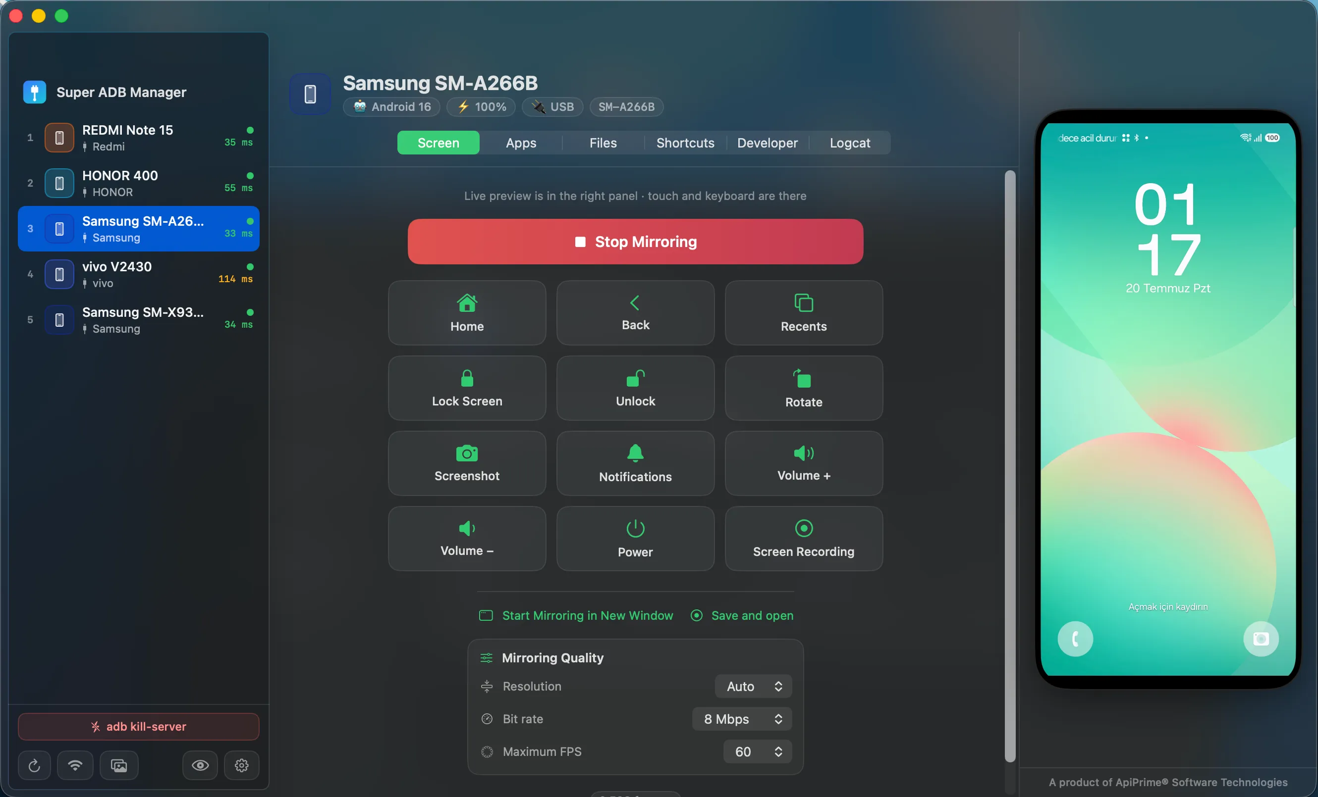 Super ADB Manager interface showing connected devices, screen mirroring and the log panel