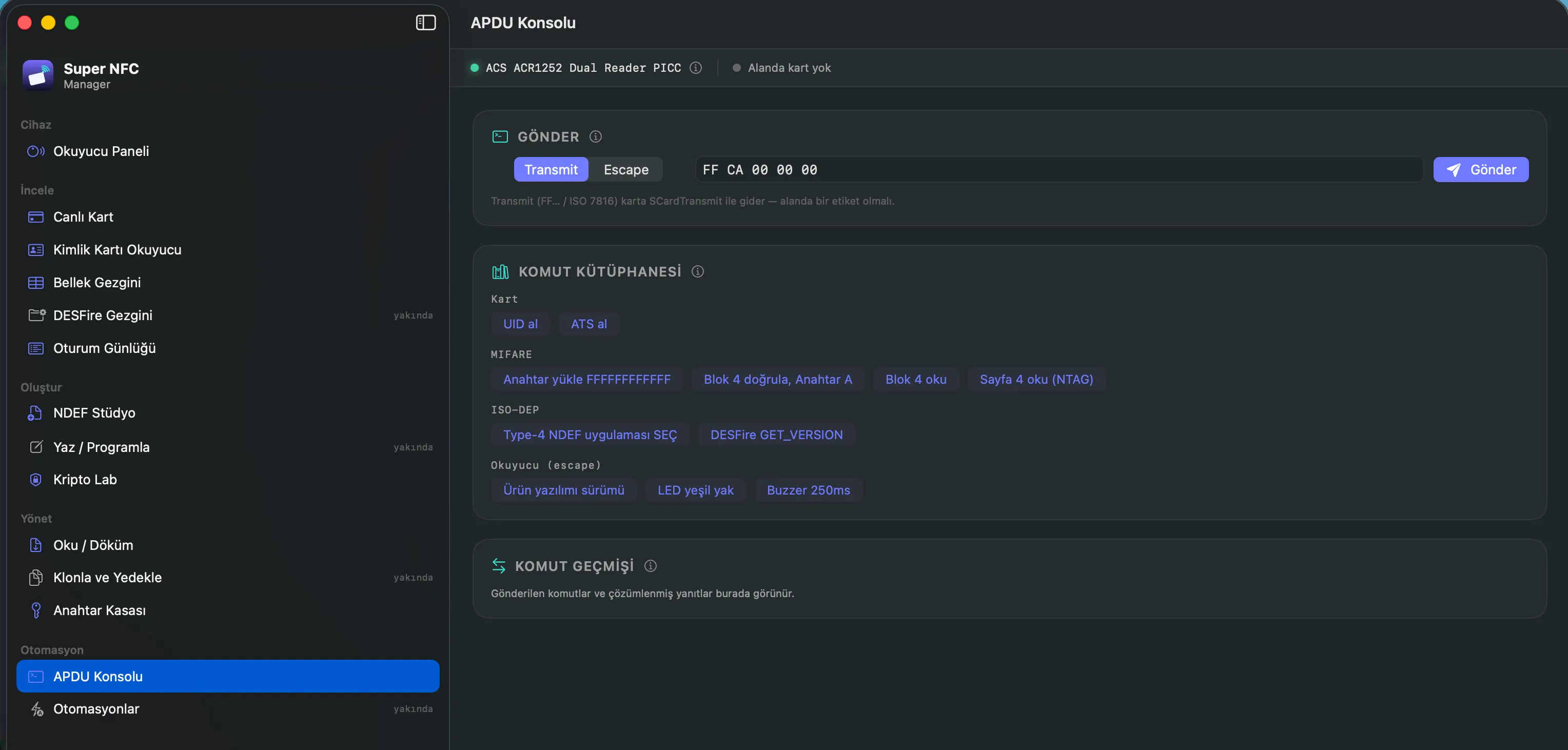 Super NFC Manager interface showing the card memory explorer and APDU console